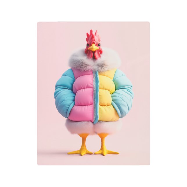 冬スタイリッシュのフグカラフルジャケットの鶏肉 メタルプリント (正面)