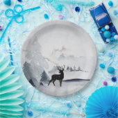 冬トナカイ素朴グレイ水色 ペーパープレート (パーティー)