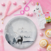 冬トナカイ素朴グレイ水色 ペーパープレート (パーティー)