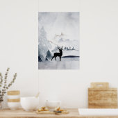 冬トナカイ素朴グレイ水色 ポスター (キッチン)