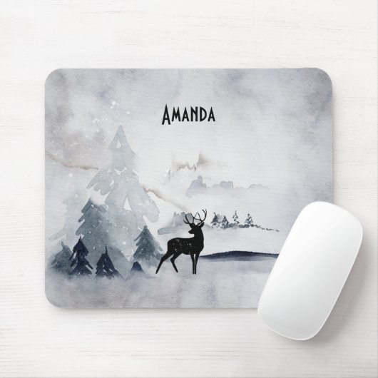 冬トナカイ素朴グレイ水色 マウスパッド (マウス)