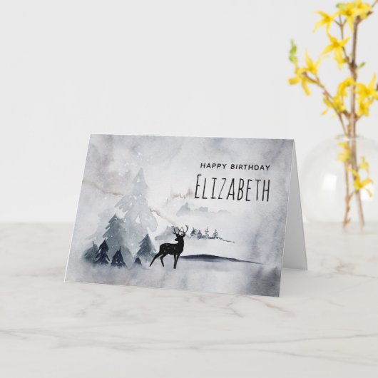 冬トナカイ素朴グレーウォーター誕生日 カード (黄色い花)