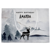 冬トナカイ素朴グレーウォーター誕生日 ラージペーパーバッグ (正面)