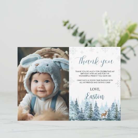 冬トナカイ誕生日写真サンキューカード サンキューカード (スタンド正面)