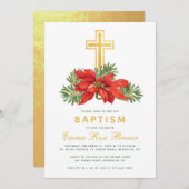 冬バプテスマのまわりにスクリスマスポインセチア&パイン 招待状 (正面/裏面)