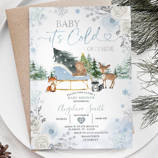 冬パステルブルースノーフレークトラックベビーシャワー 招待状