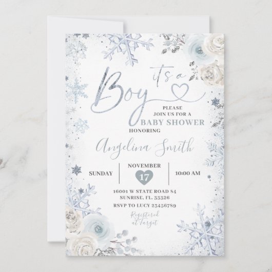 冬パステルブルースノーフレークフローラベビーシャワー 招待状 (正面)