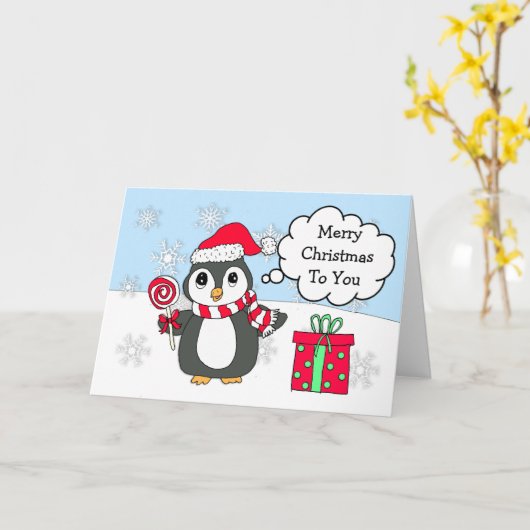 冬パーソナライズされたのクリスマスにかわいいペンギン カード (黄色い花)