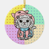 冬パーソナライズされた帽の漫画の猫 セラミックオーナメント (正面)