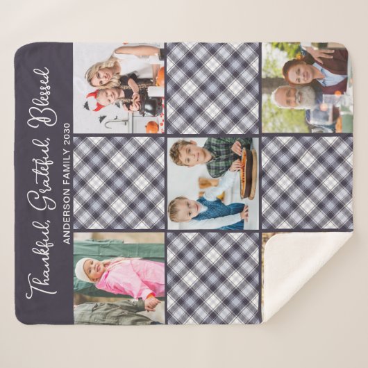 冬パーソナライズされた青グレープレイド写真コラージュ シェルパブランケット (正面(横))