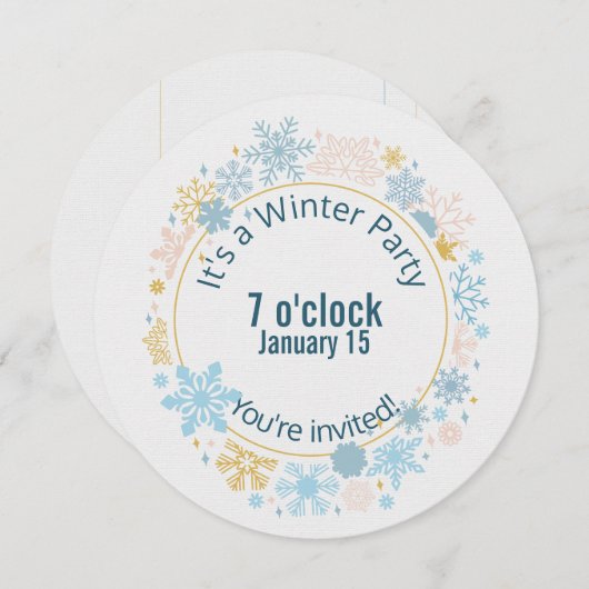 冬パーティー雪片デザイン 招待状 (正面/裏面)