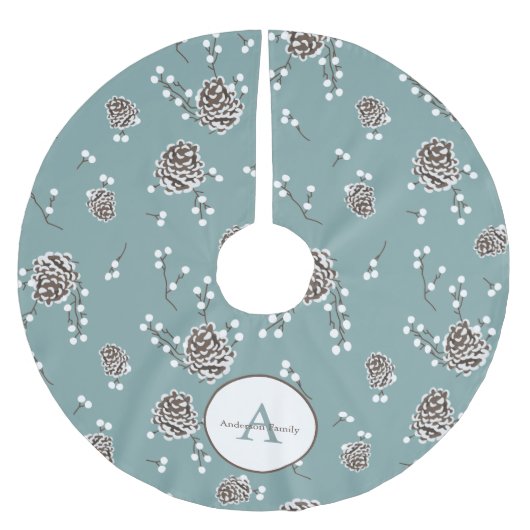 冬ピネコーンファミリーモノグラムパーソナライズされた ブラッシュドポリエステルツリースカート (正面)