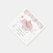 冬ピンクのテディベアそりの女の子ベビーシャワー スタンダードカクテルナプキン (角)