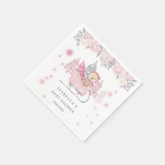 冬ピンクのテディベアそりの女の子ベビーシャワー スタンダードカクテルナプキン (角)