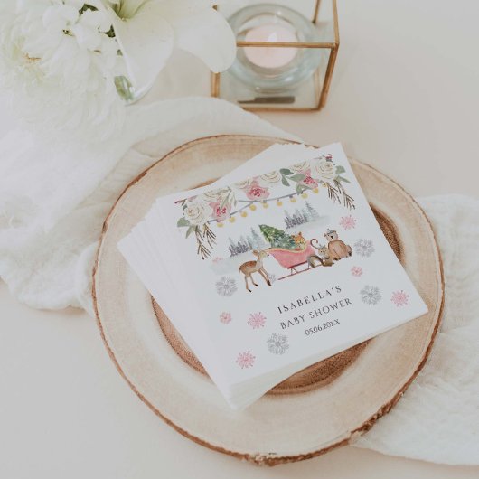 冬ピンクの森林動物の女の子ベビーシャワー スタンダードカクテルナプキン