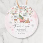 冬ピンクの森林動物の女の子ベビーシャワー フェイバータグ (正面)