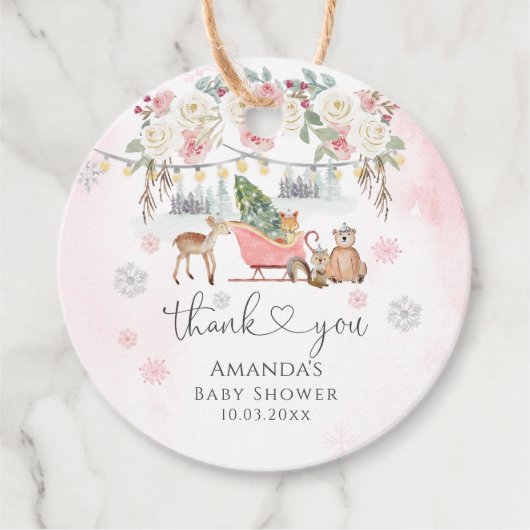 冬ピンクの森林動物の女の子ベビーシャワー フェイバータグ (正面)