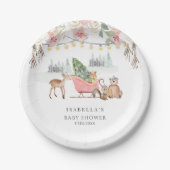 冬ピンクの森林動物の女の子ベビーシャワー ペーパープレート (正面)