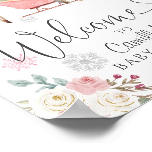 冬ピンクの森林動物の女の子ベビーシャワー ポスター (角)