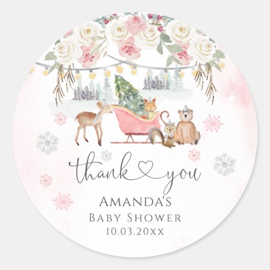 冬ピンクの森林動物の女の子ベビーシャワー ラウンドシール (正面)