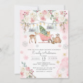 冬ピンクの森林動物の女の子ベビーシャワー 招待状 (正面)