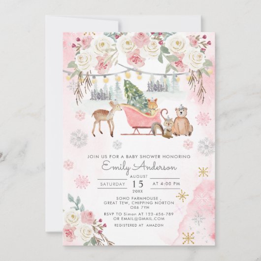 冬ピンクの森林動物の女の子ベビーシャワー 招待状 (正面)