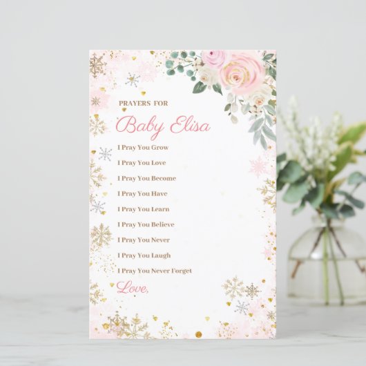 冬ピンクスノーフレークフローラ祈りの言葉ベビー (スタンド正面)