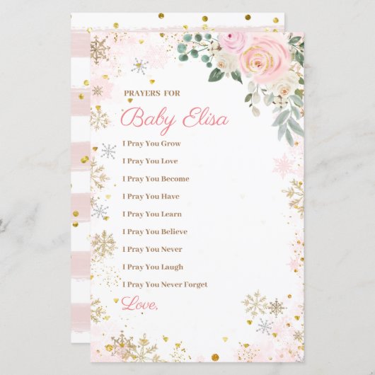 冬ピンクスノーフレークフローラ祈りの言葉ベビー (正面/裏面)