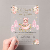 冬ピンク金ゴールドフローラテディベア赤ちゃんシャワー アクリル招待状 (インサイチュ (ポータブル))