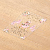 冬ピンク金ゴールドフローラテディベア赤ちゃんシャワー アクリル招待状 (レイダウン)