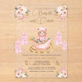 冬ピンク金ゴールドフローラテディベア赤ちゃんシャワー アクリル招待状 (正面)