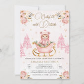 冬ピンク金ゴールドフローラテディベア赤ちゃんシャワー 招待状 (正面)
