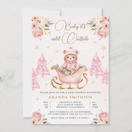 冬ピンク金ゴールドフローラテディベア赤ちゃんシャワー 招待状 (正面)