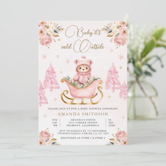 冬ピンク金ゴールドフローラテディベア赤ちゃんシャワー 招待状 (スタンド正面)