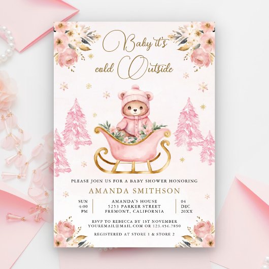冬ピンク金ゴールドフローラテディベア赤ちゃんシャワー 招待状