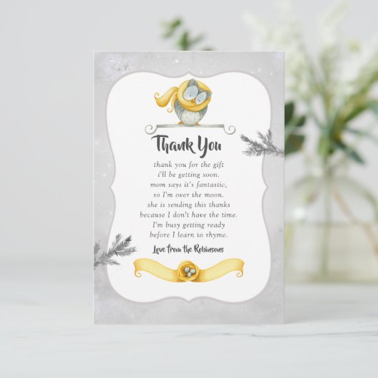 冬フクロウのクリスマスベビーシャワー サンキューカード (スタンド正面)