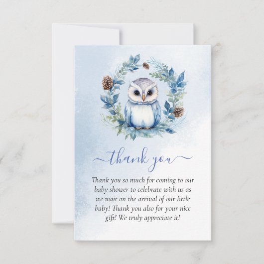 冬フクロウ水彩赤ちゃんシャワーありがとう サンキューカード (正面)