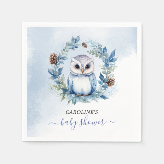 冬フクロウ水彩赤ちゃんシャワー スタンダードカクテルナプキン (正面)
