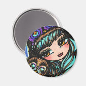 冬フクロウ雪の森ハットガールファンタジーアート マグネット (正面/裏面)