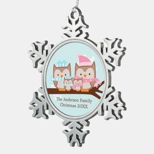 冬フクロウ4人家族 スノーフレークピューターオーナメント (右)