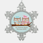 冬フクロウ4人家族 スノーフレークピューターオーナメント (正面)