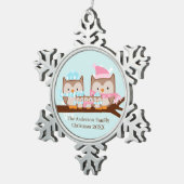 冬フクロウ5人家族 スノーフレークピューターオーナメント (右)