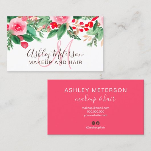 冬フローラ水彩シック化粧ヘア 名刺 (正面/裏面)