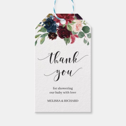 冬ブルゴーニュ赤面ピンクのフローラベビーシャワー ギフトタグ (正面)