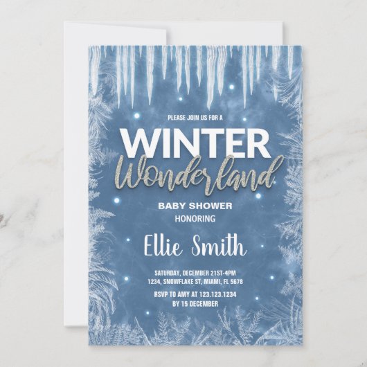 冬ベビーシャワー招待状アイスグリッターシルバー 招待状 (正面)
