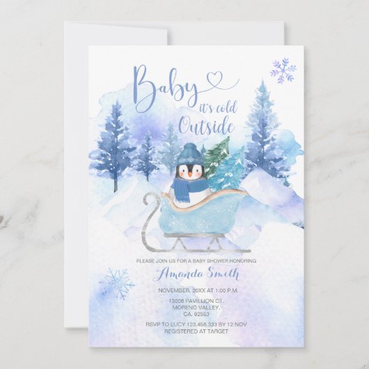 冬ペンギン北極動物雪片ベビーシャワー 招待状 (正面)