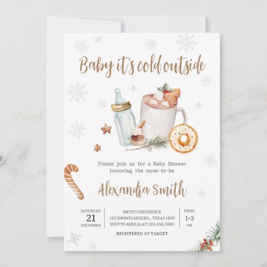 冬ホットココアベビーその冷たい外ベビーシャワー 招待状 (正面)
