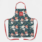 冬ポインセチア花のパターン海軍モノグラム エプロン (正面)