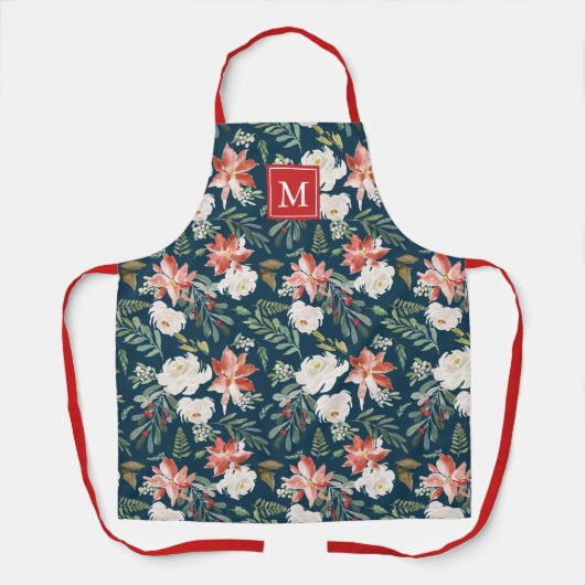 冬ポインセチア花のパターン海軍モノグラム エプロン (正面)