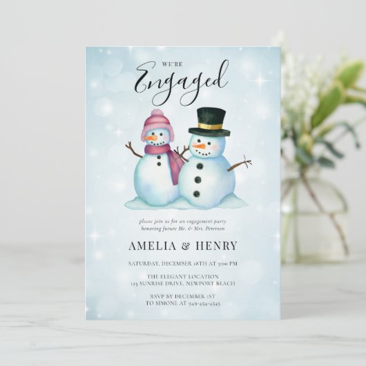 冬ミセス雪だるまかわいいおもしろい婚約パーティ 招待状 (スタンド正面)
